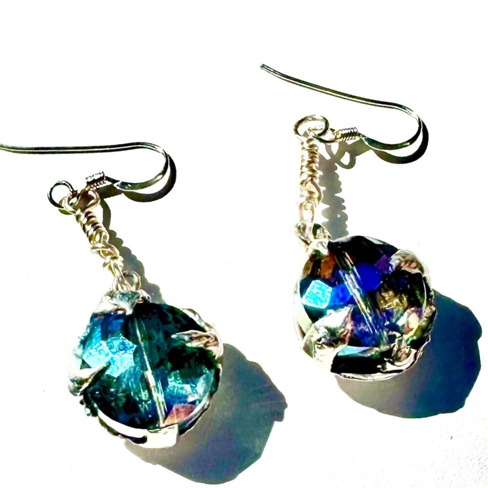 Artisan Aurora Borealis Crystal Dangle Earrings 925 Hooks & Silver/Tin Metalwork